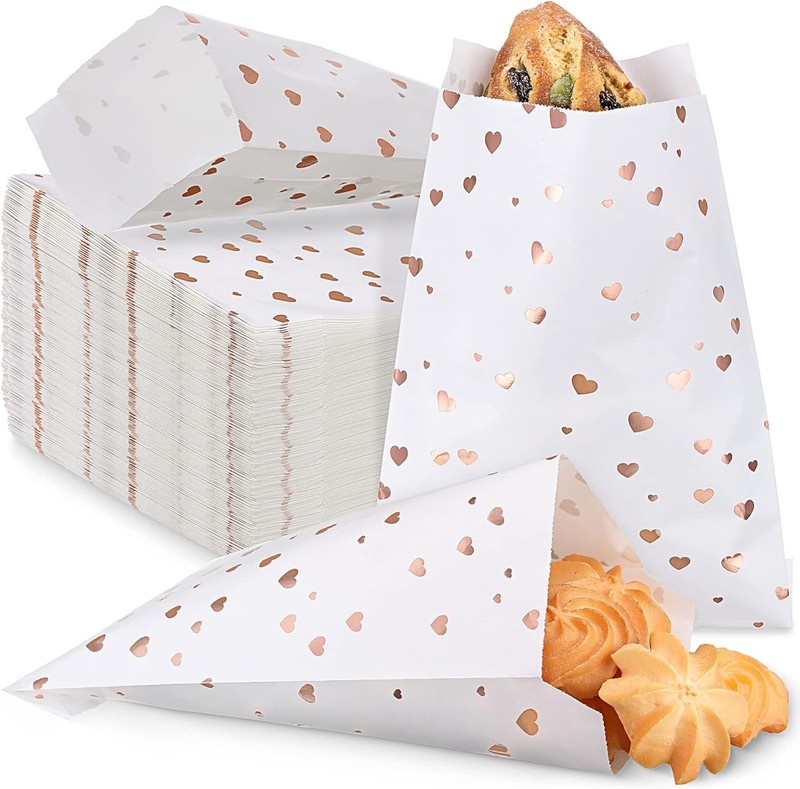 200 Pcs Rose Gold Heart Printed 5″x 7″ Candy Buffet Bags Small Cookie White