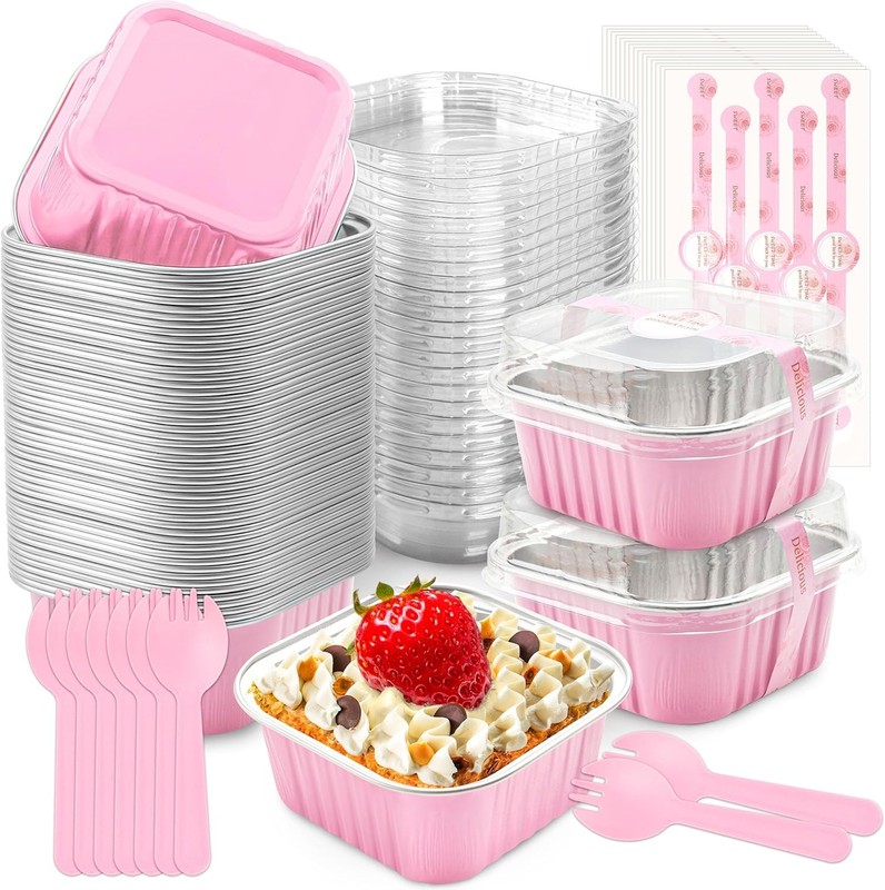 50 Pcs Mini Cake Pans with Lids and Spoons Aluminum Foil Mini Square Baking