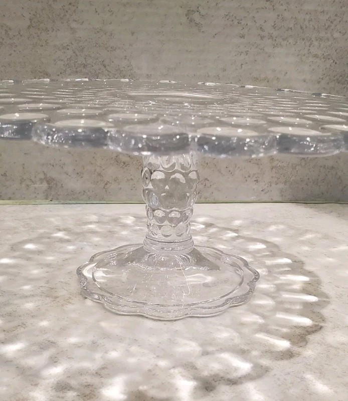 Round Glass Footed Cake Stand Pebble Water Drop Design. 9 1/2" Diameter Vintage gallery