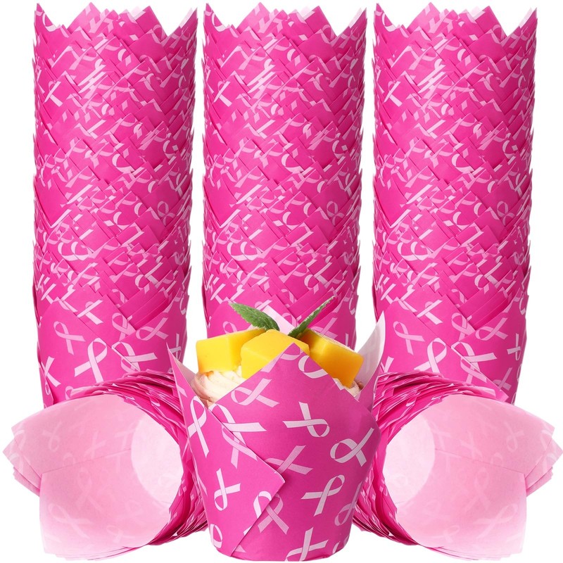 200PCS Pink Ribbon Tulip Cupcake Liners, Breast Cancer Awareness, Muffin Cups