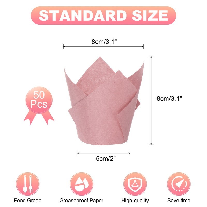 50Pack Tulip Baking Cups Cupcake Muffins Liners Paper Greaseproof Wrappers Pink gallery