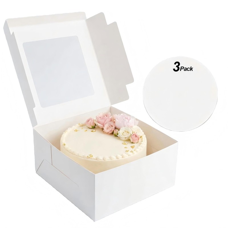 3 Pack Cake Boxes 10x10x8 Inches White Square Bakery Boxes with Window and Ca...