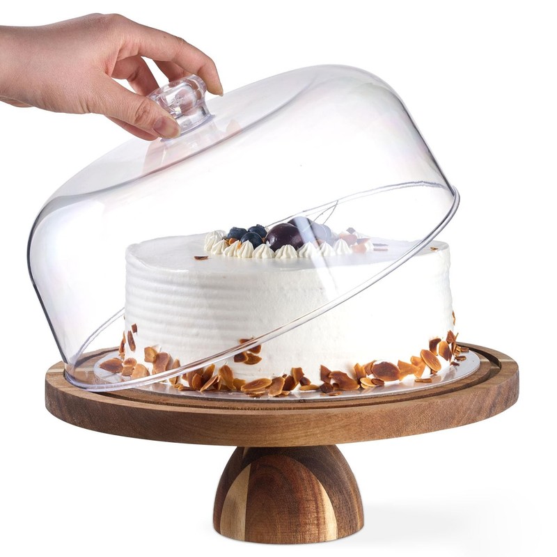 Acacia Wood Cake Stand with Lid – 12 Inch Round Dessert Holder, 2-in-1 Cake S...