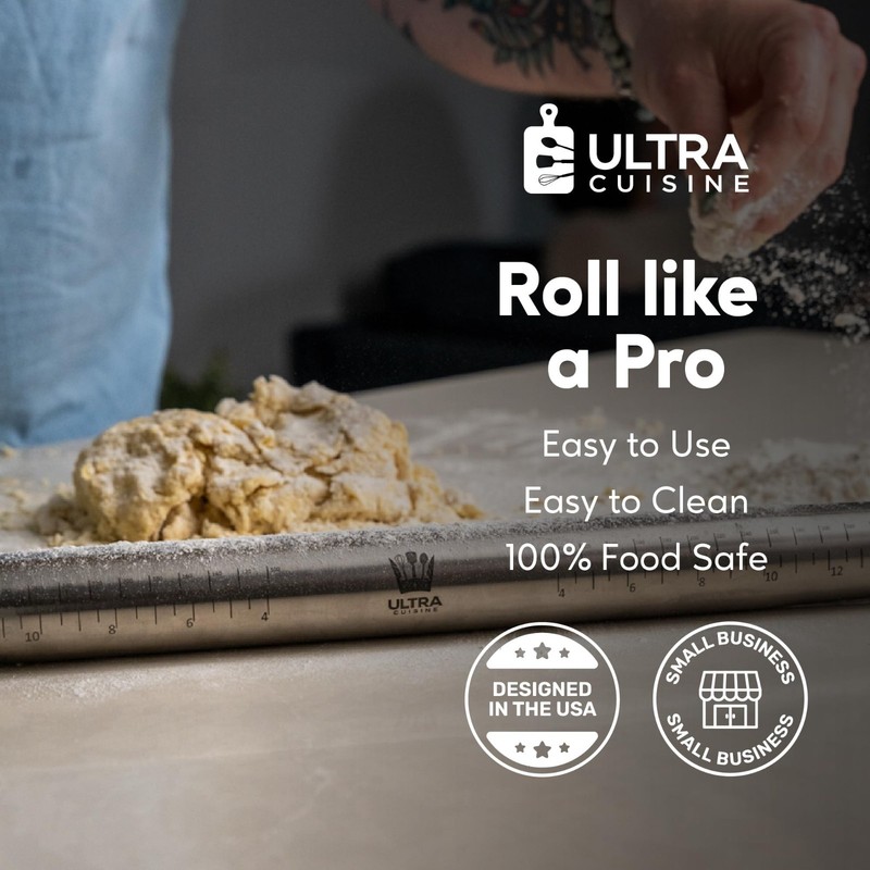 Tapered Stainless Steel Rolling Pin for Baking – Dough Roller with Measurements, gallery