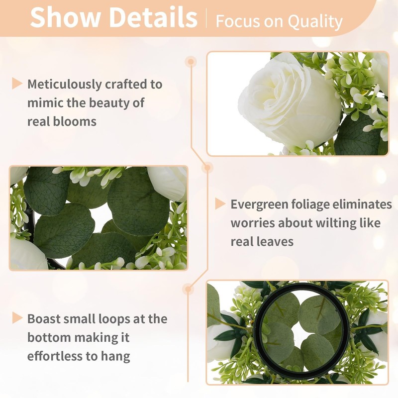 NUPTIO 9.05" White Artificial Rose Flower Wreath for Table Centerpieces, 6-Pack gallery