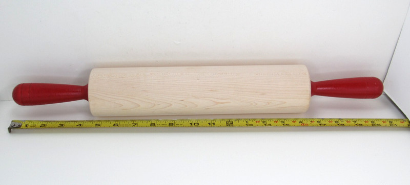 RARE King Arthur Flour Baking Wooden Maple Rolling Pin Wood Red Handles Kitchen