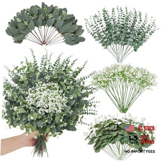 Pcs 4 Kinds Mixed Eucalyptus Greenery Stems, Baby Breath Flowers 120 Grey Green