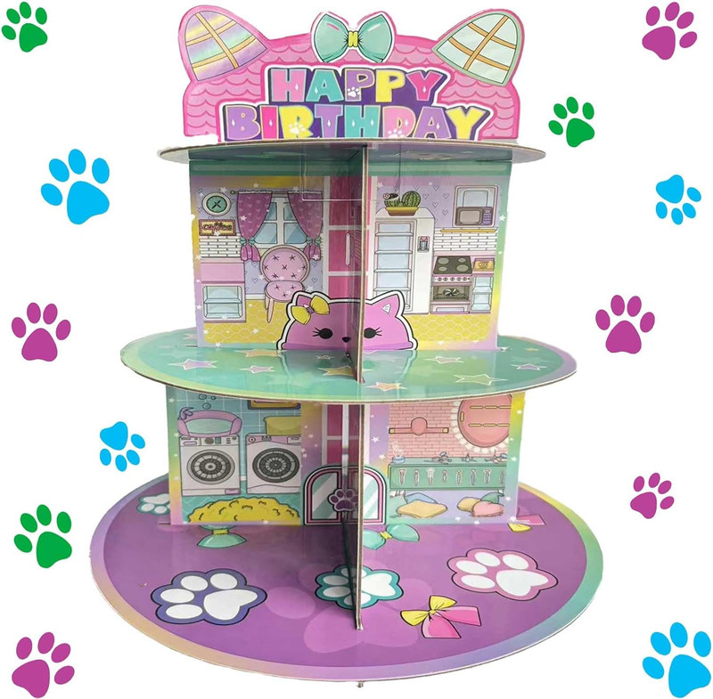 Cartoon Cat Dollhouse Cupcake Stand 3-Tier Pink Cake Stand for 24 Cupcakes Dollh