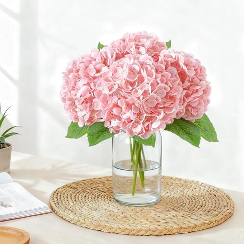 Real Touch Hydrangea Artificial Flowers with Stems, Fake Silk 3 Pcs Pink gallery