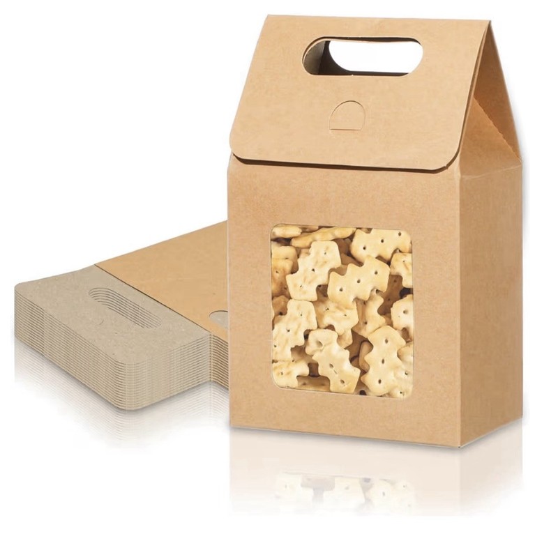 Brown Cardboard Rectangular Treat Bag with Handle and Clear Window