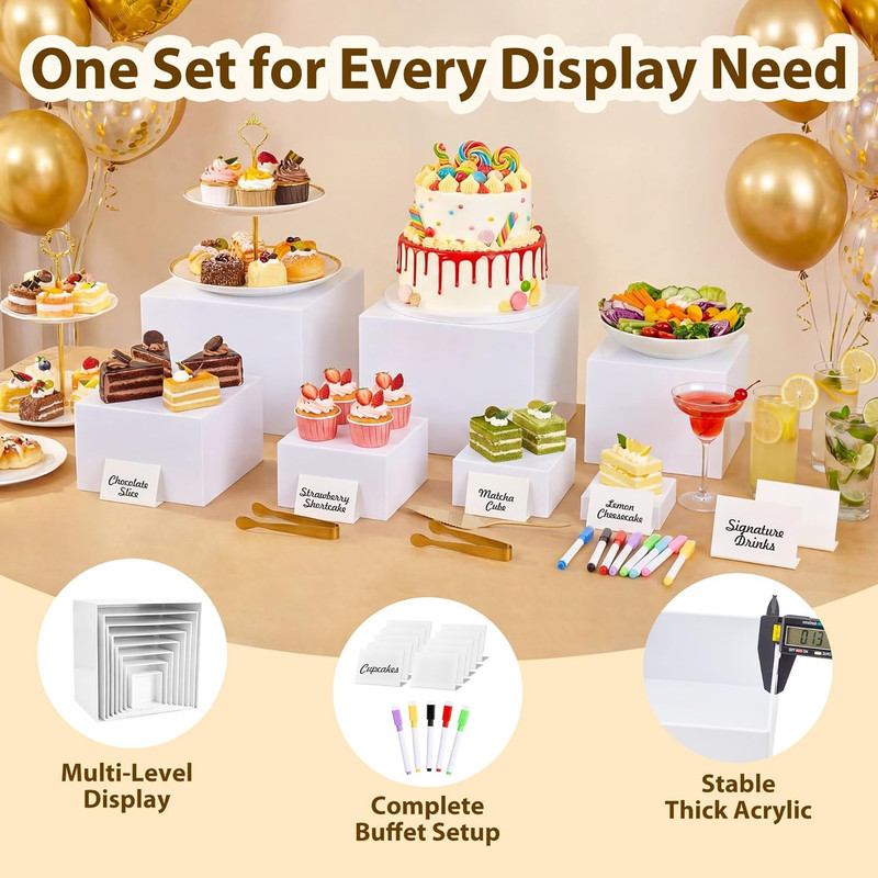 10 Pcs Buffet Risers with Mini Sign and Maker Serving Tongs Cake Cutter, White A gallery