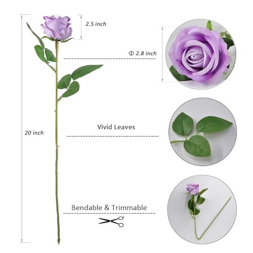 Realistic Fake Roses Artificial Flowers with Stem for Decoration 10 Lavender gallery