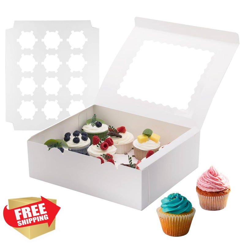 HOLEVINT White 12 Cupcake Boxes 4 Pack with Window