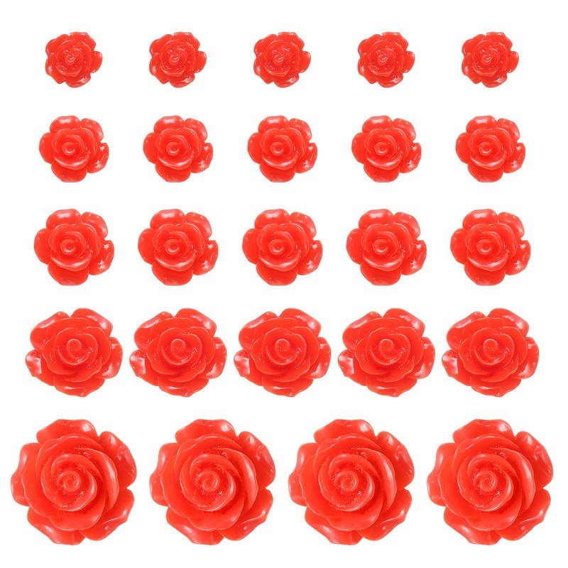 60Pcs Red Resin Rose Flower Beads 5 Size Flatback Flower Charm