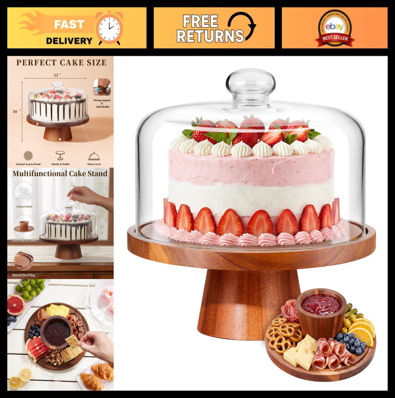 Acacia Wooden Cake Stand with Glass Dome Lid, 11-Inch Dessert Holder for Parties