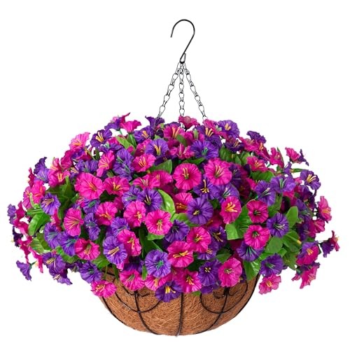 Artificial Fake Hanging Flowers with Basket, Faux Silk Dark Purple Purple-red gallery