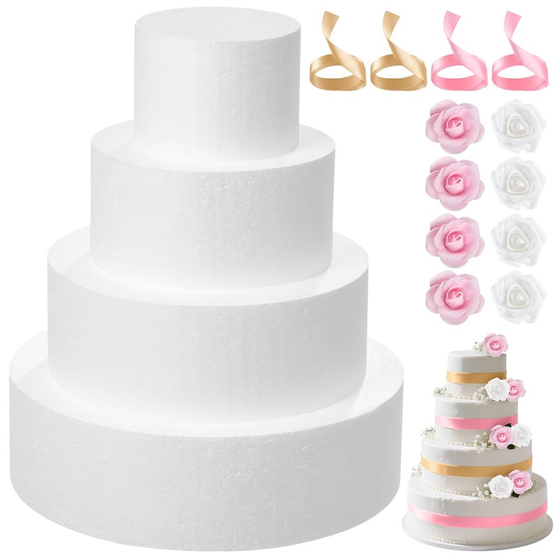 Round Practice Cake Dummy Set 4 Tiers 4/6/8/10 Inch Roses Ribbons White