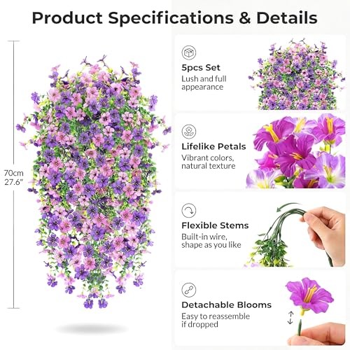 5PCS Artificial Faux Hanging Flowers Plants for Outdoor Mixed Purple gallery