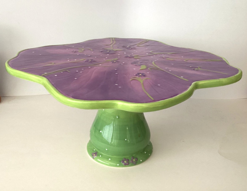 Suzanne Somers Violets Col.High Cake Dessert Stand Plate Handpainted Signed gallery