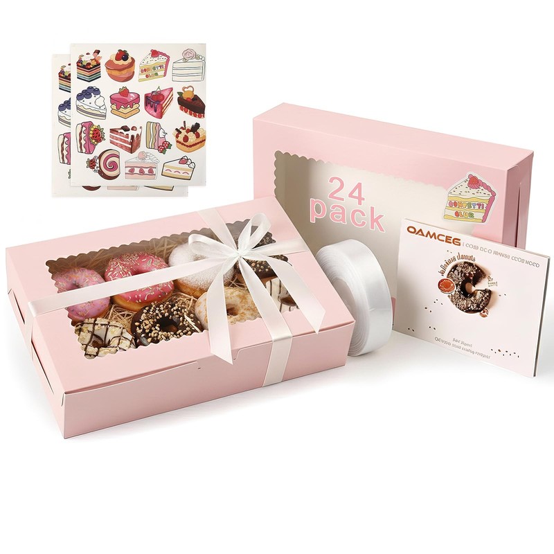 24 PCS Pink Cookie Bakery Treat Boxes Clear Window For Desserts 12x8x2.5 In