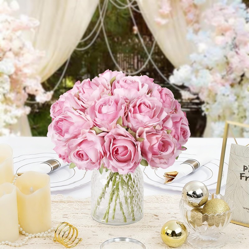 Ivydale 18pcs Pink Roses Artificial Flowers, Fake Roses Silk Flowers with Stems gallery