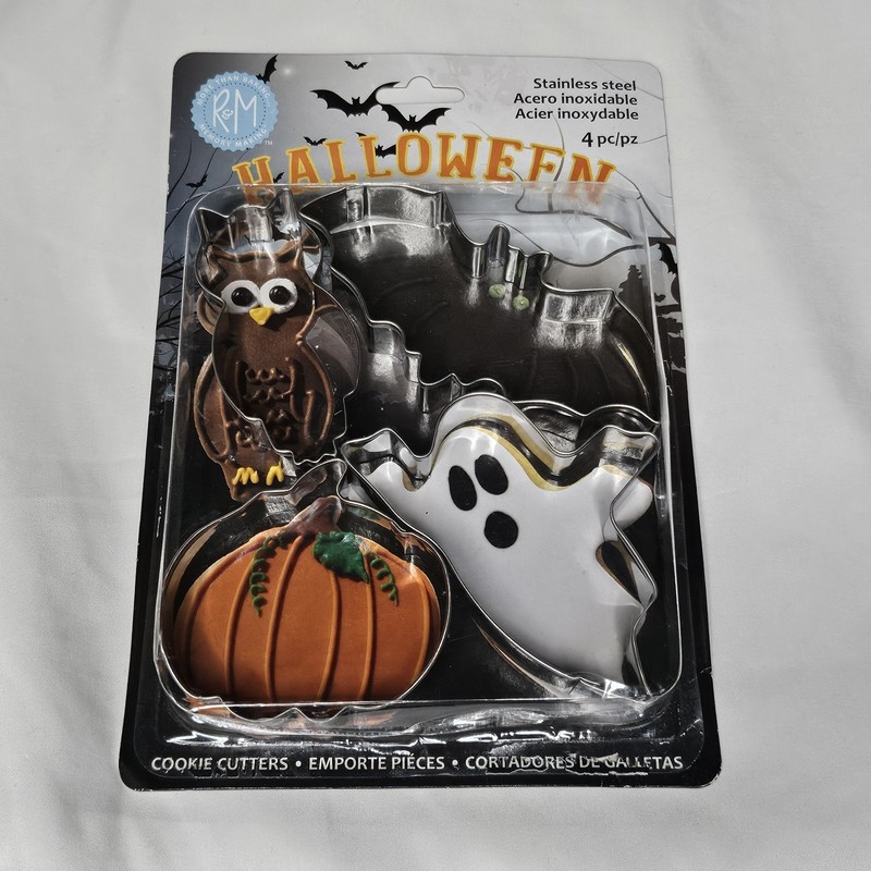 New R&M Halloween Stainless Steel 4 pc Cookie Cutters Set Ghost Owl Pumpkin Bat gallery