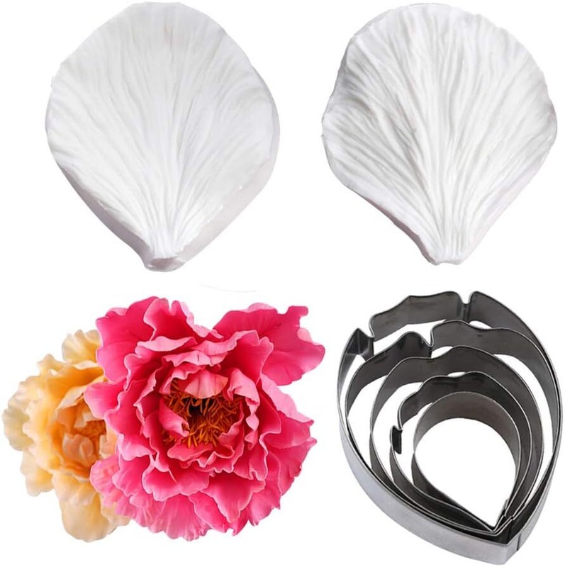 KALAIEN 5pcs Stainless Steel Peony Cutter 2pcs Fondant Silicone Set gallery