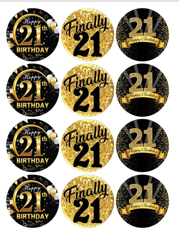 12 pc. black & gold 21st Birthday, Edible Image rounds, Wafer paper, pre cut