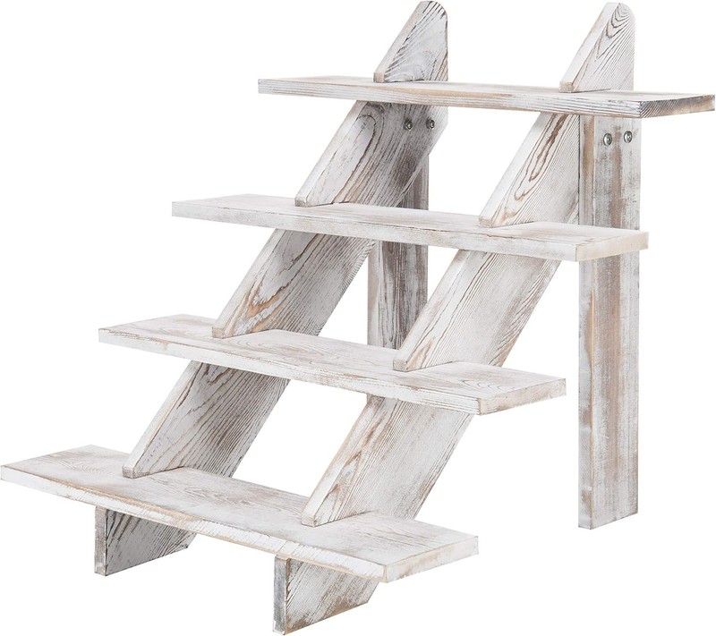 4-Tier Vintage White Washed Solid Wood Tabletop Stair Step Storage Shelf Tiered