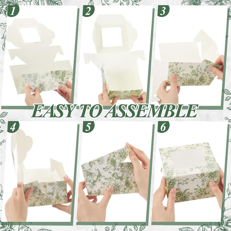 50 Pack Sage Green Floral Cookie Boxes with Window, Chinoiserie Small Bakery Tre gallery