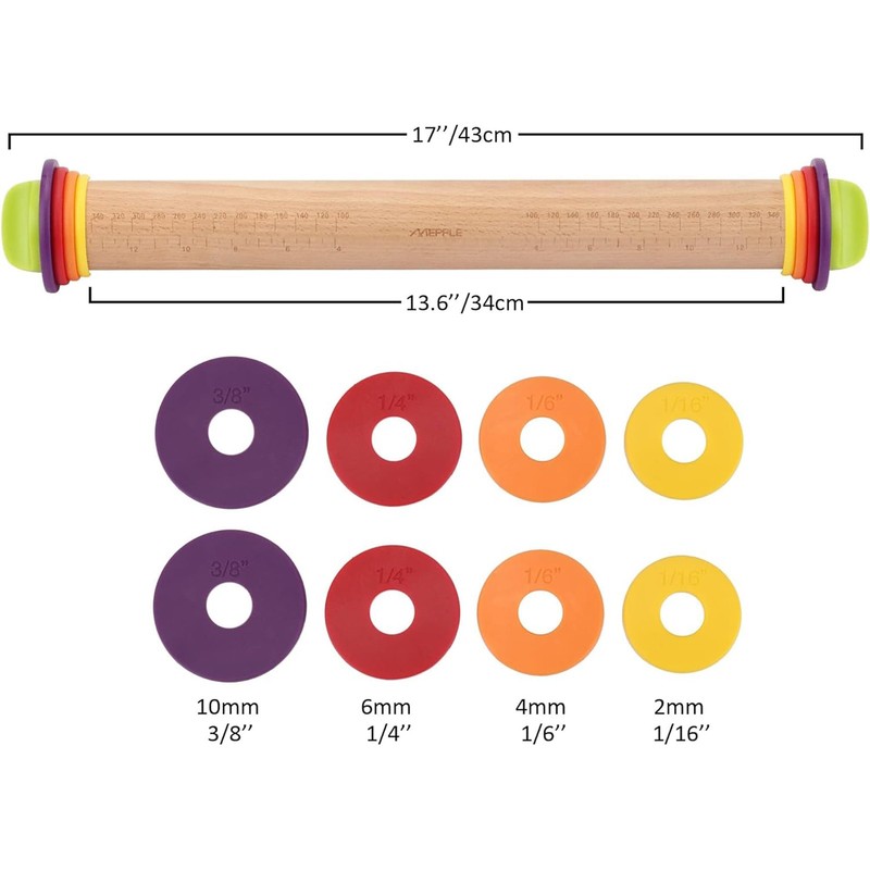 13.6x2.5x2.5 Inch Adjustable Wooden Rolling Pin 4 Removable Thickness Rings gallery