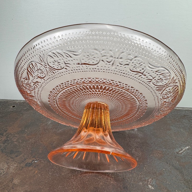 Vtg PEACH / PINK Depression Glass Cake Plate Stand w/ Pedestal - 10" Diameter