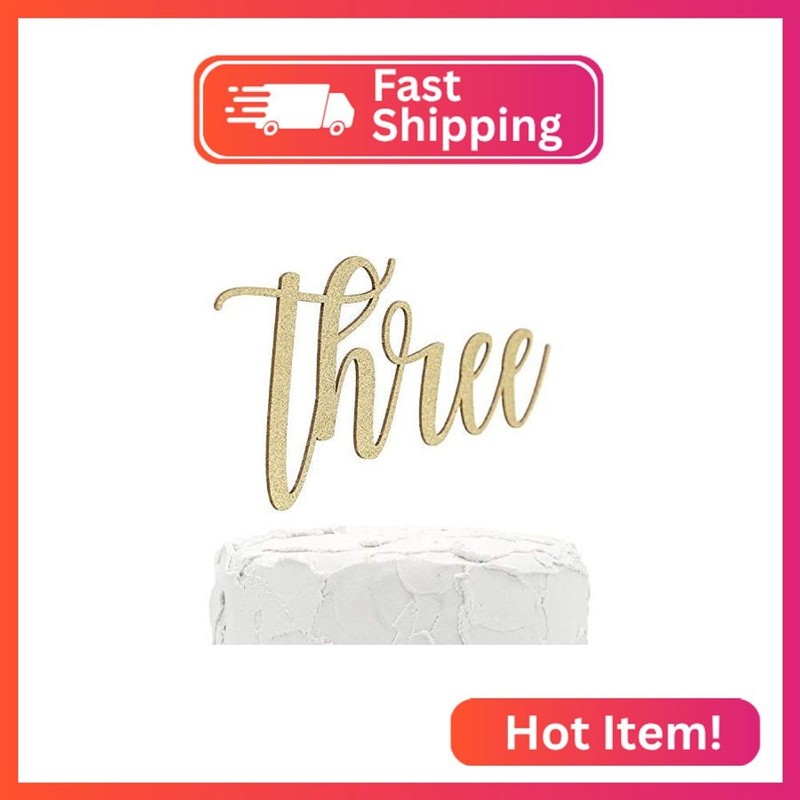NANASUKO 3rd Birthday Cake Topper - Three - Double Sided Gold Glitter - Premium