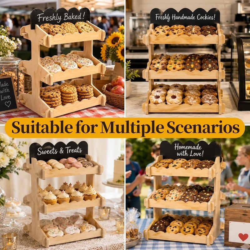 YanKiTour 3 Tier Wooden Cookie Display Stand Double Sided Chalkboard Sign gallery