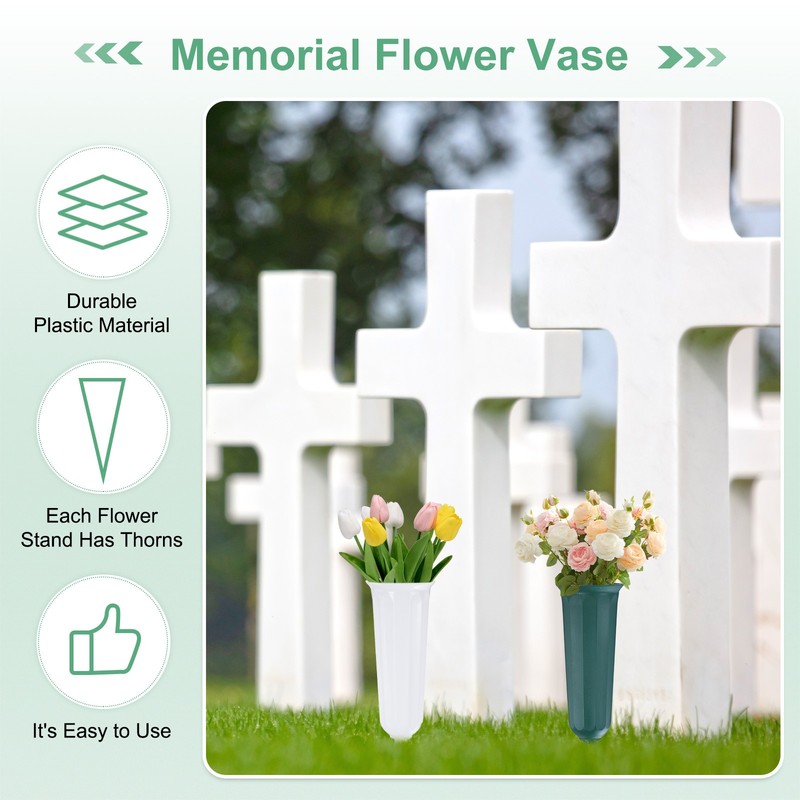 12-Pack Memorial Flower Vase, 9.8 Inch Cemetery Vases [Dark Green, White] gallery