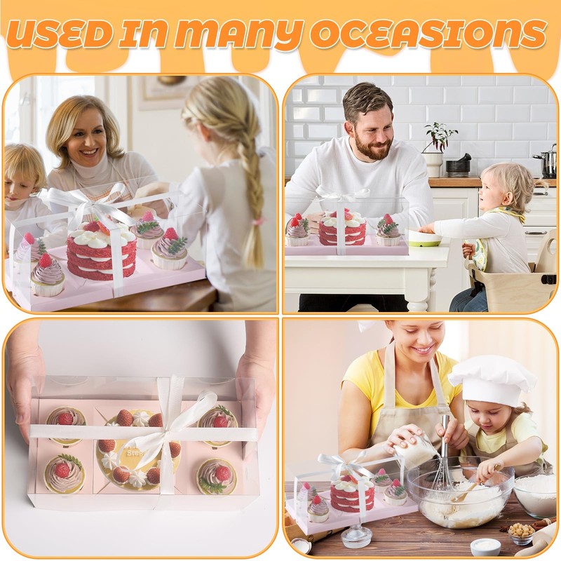 3Pcs Pink 1+4 Bento Box with Clear Window Bento Cake Boxes Combo Fit 4 Cupcak... gallery