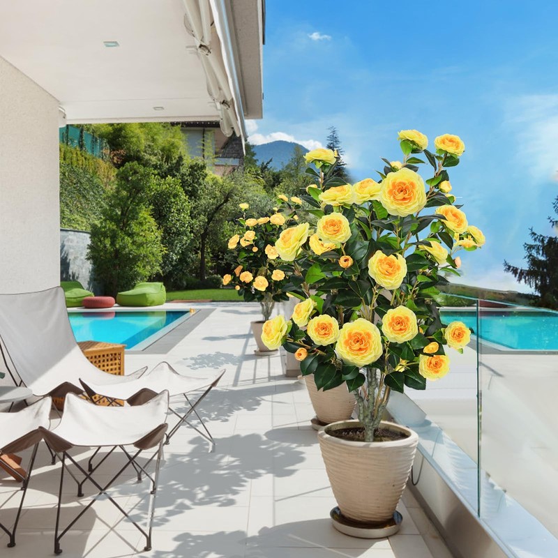Htvshee 2 Pcs 42 Yellow Artificial Camellia Tree Faux Trees 36 Blooming Flowers gallery