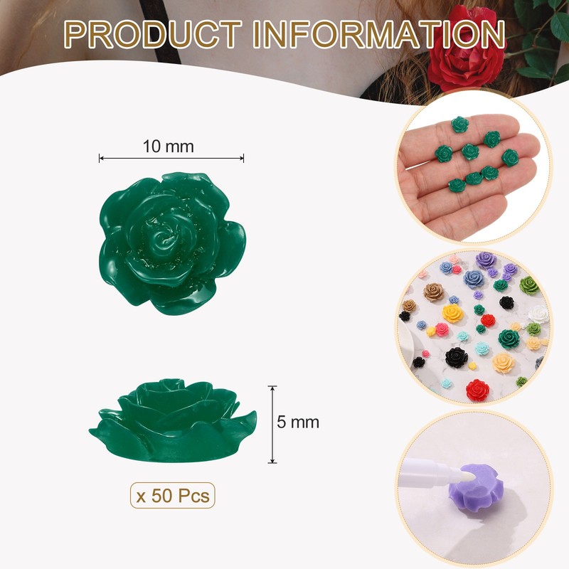 50 Pcs Dark Green Resin Rose Flower Beads, 10mm Flatback Flower Charm gallery
