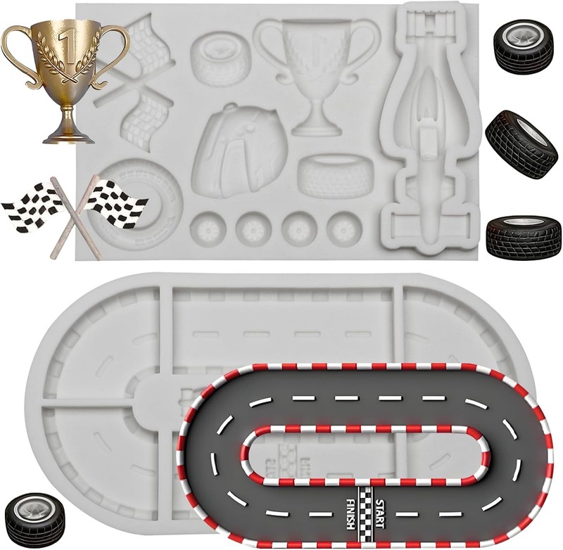 Race Car Silicone Molds 3D Round Tire Fondant Mold Helmet Trophy Checkered Flag