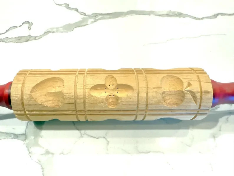 Vintage Springerle Rolling Pin: Embossed Wood Cookie Rolling Pin w/Red Handles gallery