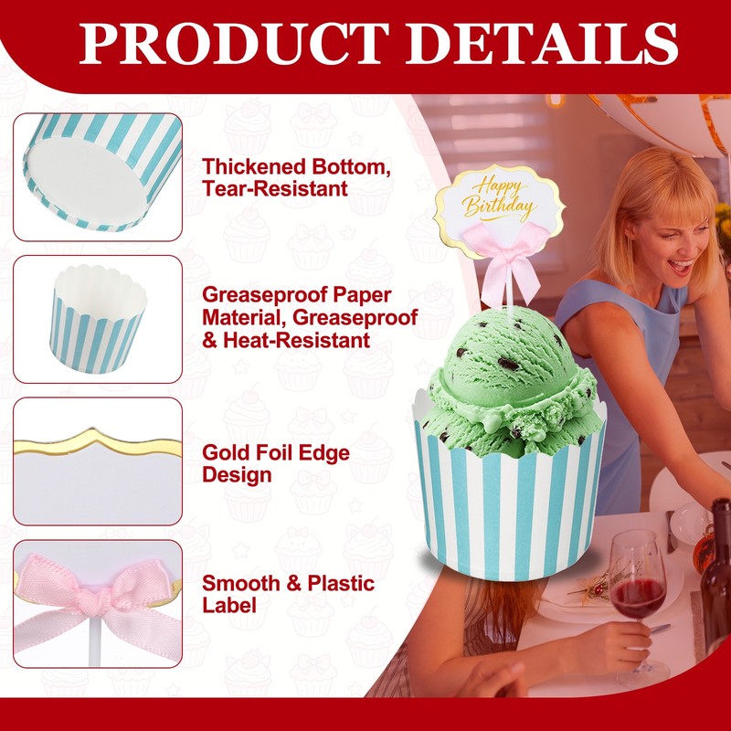 100pcs Paper Baking Cupcake Cups with Handwritten Toppers, Pinstripes&Blue gallery