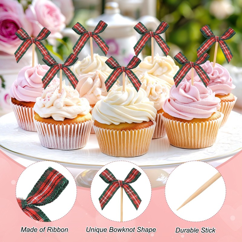 60Pcs Bow Cupcake Toppers, Ribbon Bow Cake Toppers for Cake Decor[Red and Green] gallery