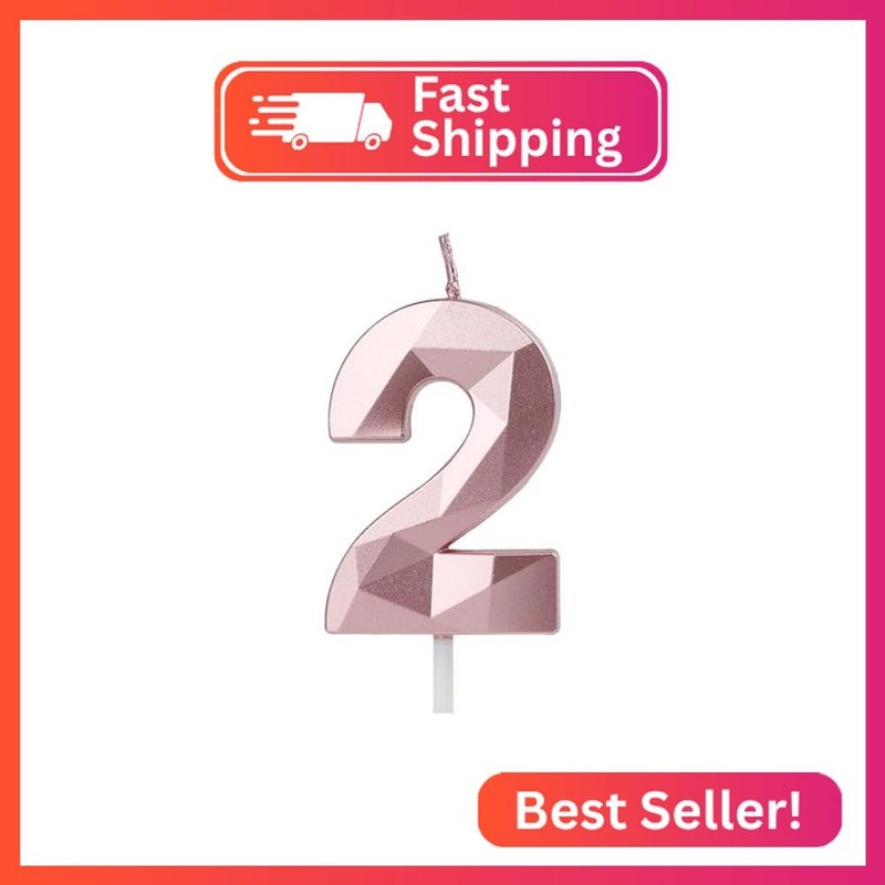 Number 2 Candles, 2nd Birthday Candles, Rose Gold Happy Birthday Candle for Cake