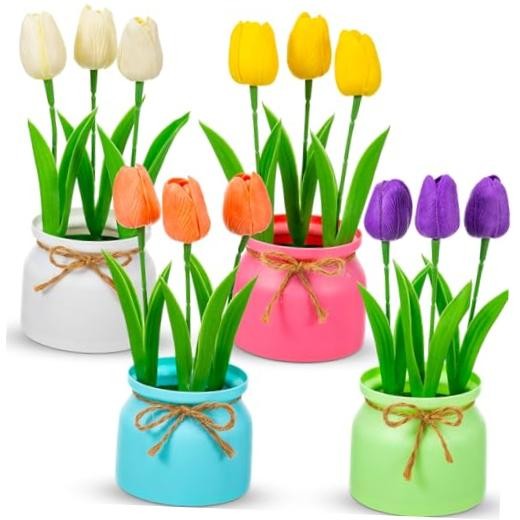 Suncalla 4 Pack Artificial Pot Tulips Small Fake Plants with Macaron Flowerpot gallery