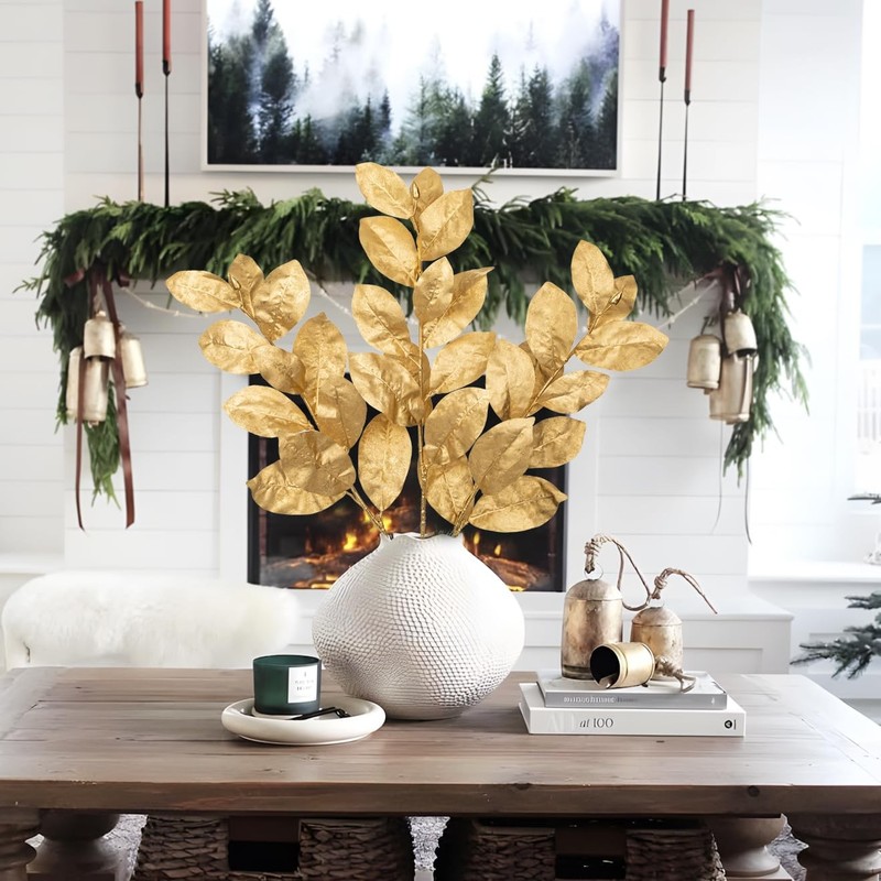 Briful Gold Magnolia Leaves Branches 3 Pack 28.7in Faux Magnolia Stems Artificia gallery