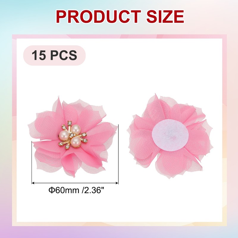 2.36 Inch Rhinestone Chiffon Flower, 15 Pcs Fabric Appliques, Rose Pink gallery