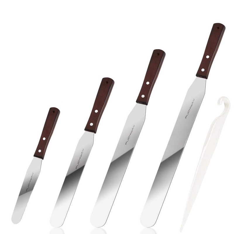 PUCKWAY 4PCS Cake Straight Spatulas 4, 6, 8 & 10 Inch, Silver/Brown