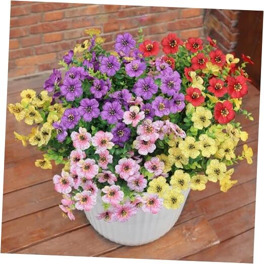 Faux Flowers for Outdoor Planters, Artificial Flowers Yellow+purple+pink+red