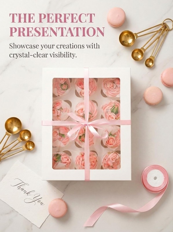 40PCS Auto-Pop Cupcake Boxes with Window - 12 Count Carrier, 13"x10"x3.5", Pink gallery