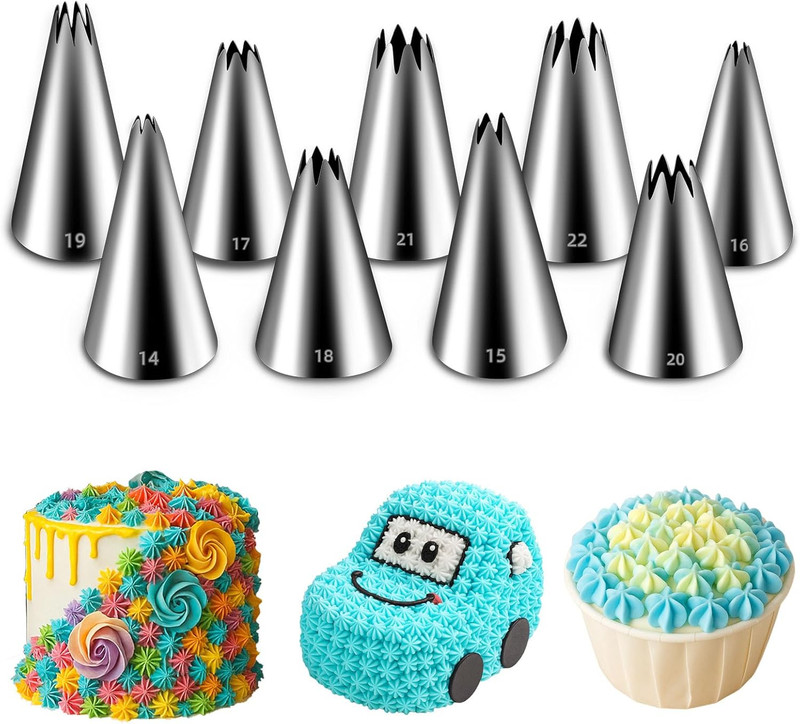 Suuker Open Star Piping Tips Set, 9 Pieces French Star Tube Frosting Nozzle Kit,